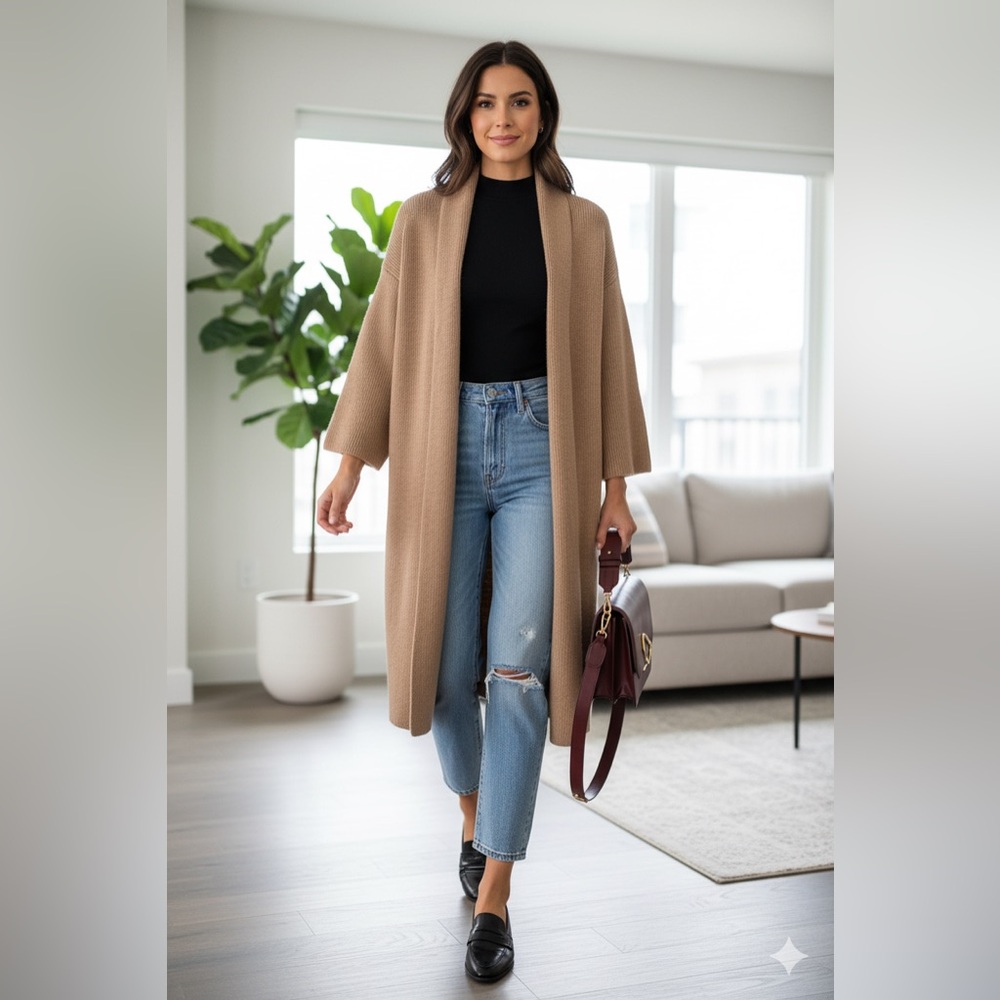 ASTR Carter Chestnut Brown Longline Duster Cardigan Open Front Draped Knit